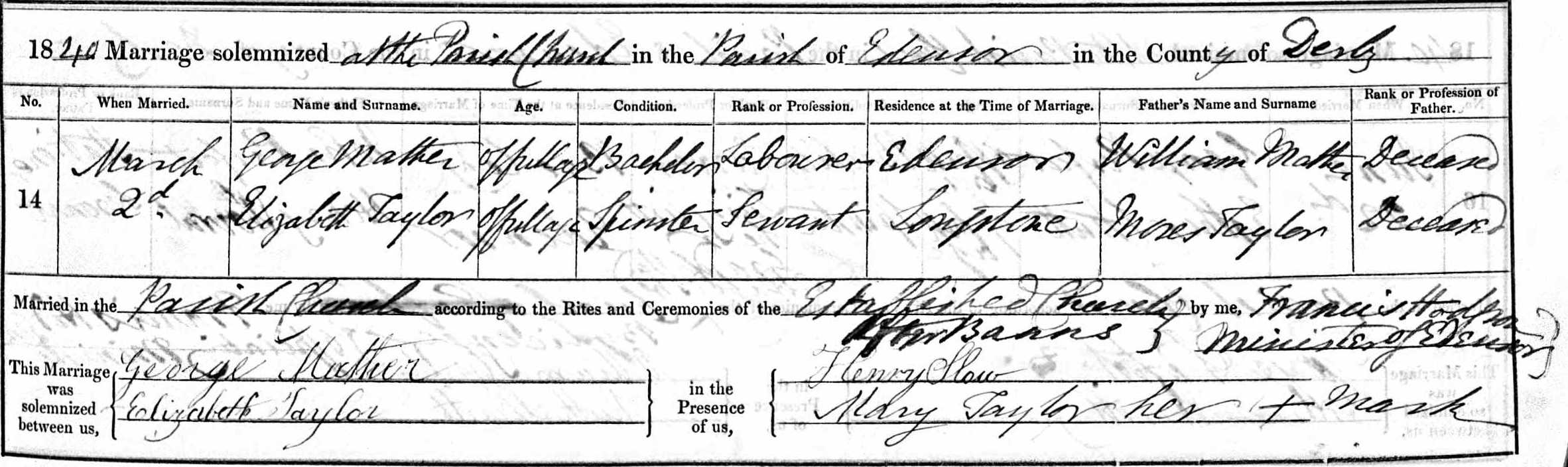 Taken on March 2nd, 1840 and sourced from Certificate - Marriage.