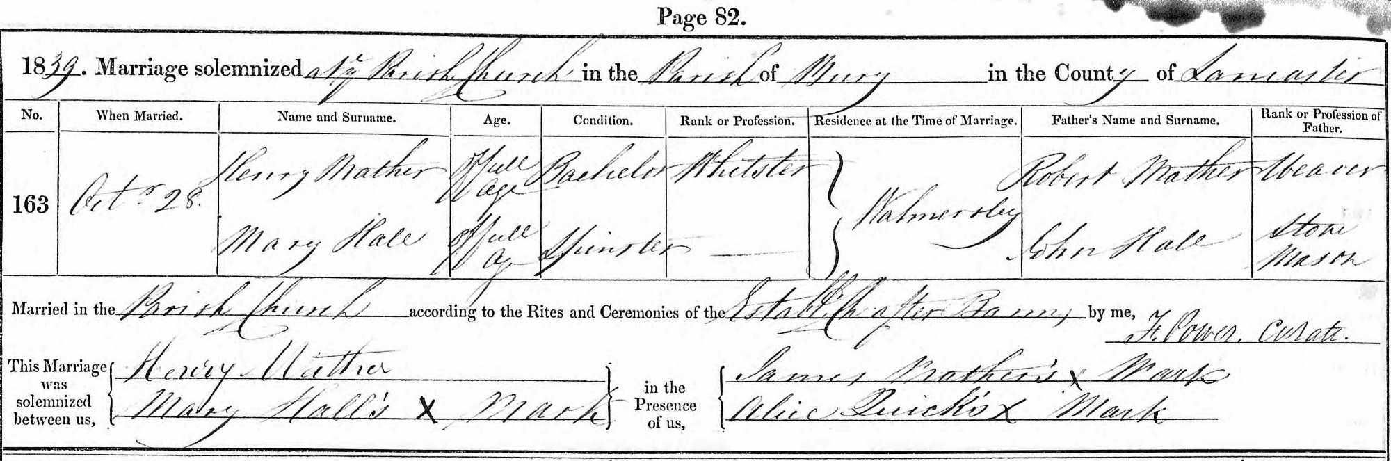 Taken on October 28th, 1839 and sourced from Certificate - Marriage.