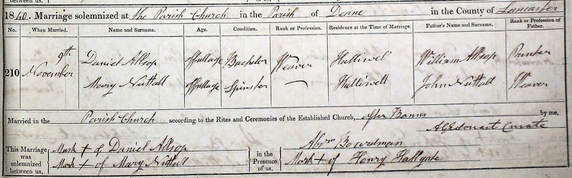 Taken on November 9th, 1840 and sourced from Certificate - Marriage.