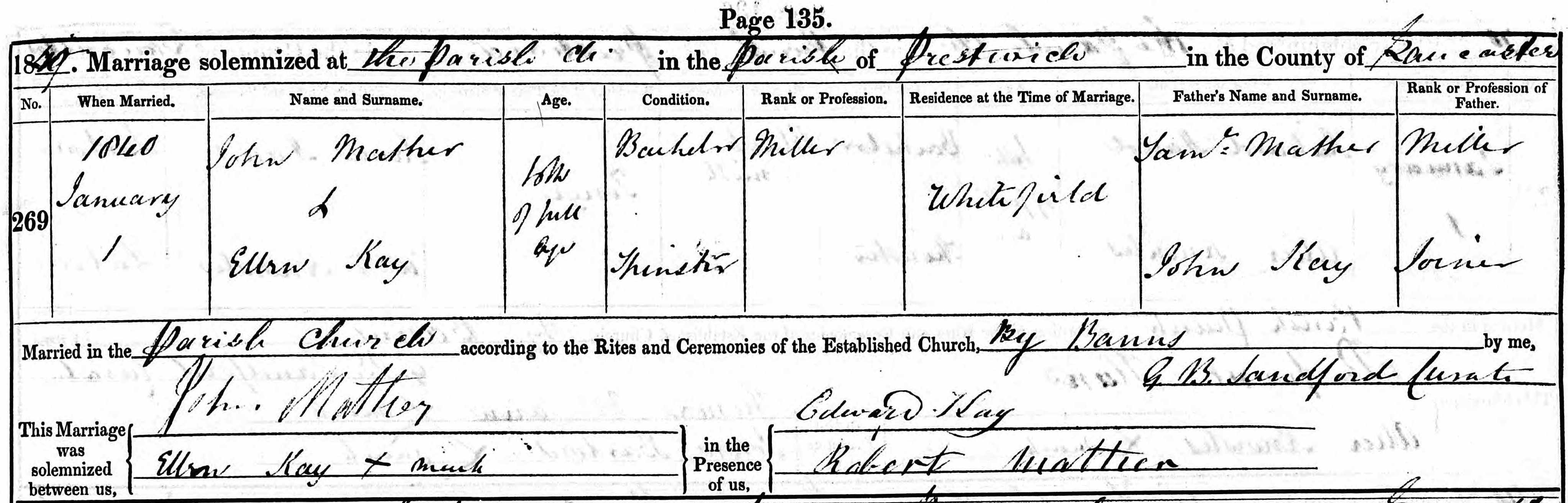 Taken on January 1st, 1840 and sourced from Certificate - Marriage.