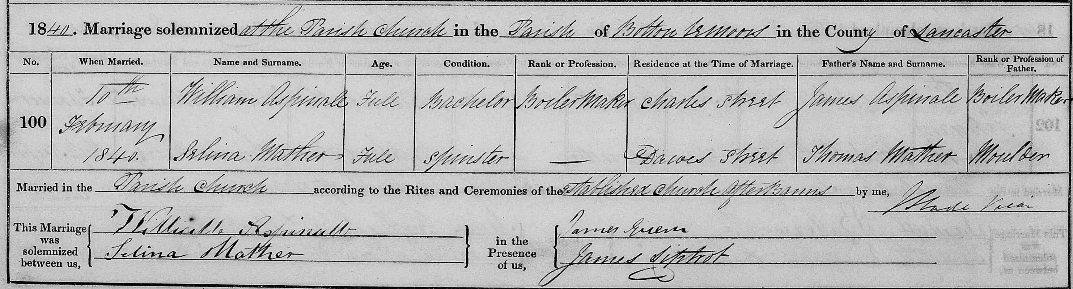 Taken on February 10th, 1840 and sourced from Certificate - Marriage.