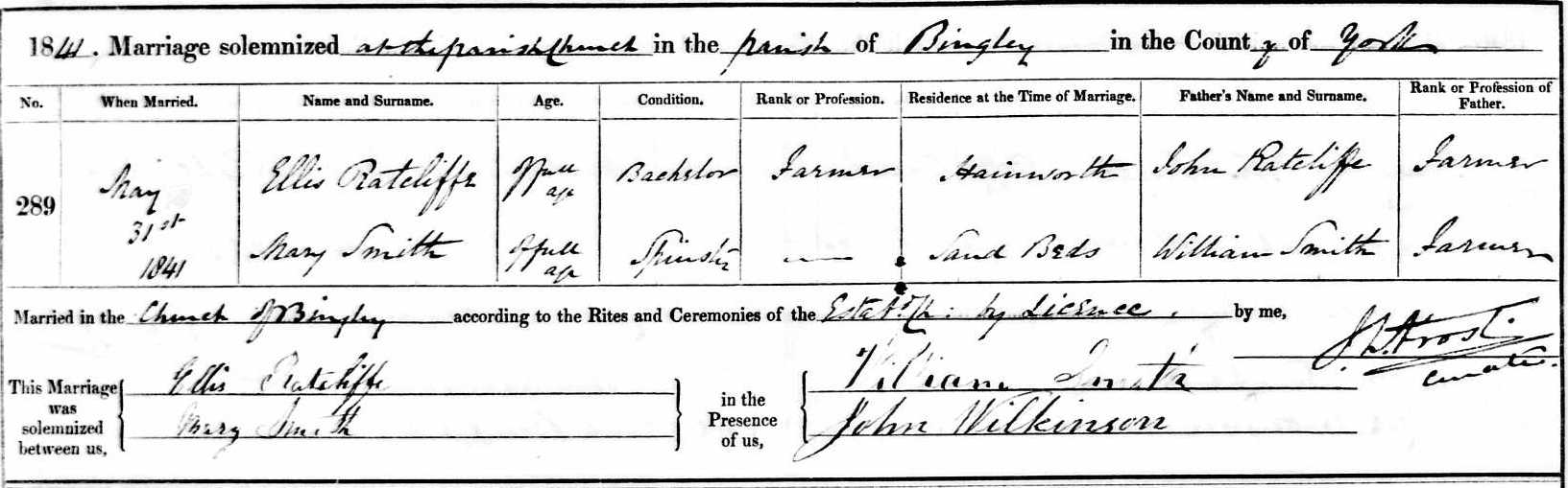 Taken on May 31st, 1841 and sourced from Certificate - Marriage.