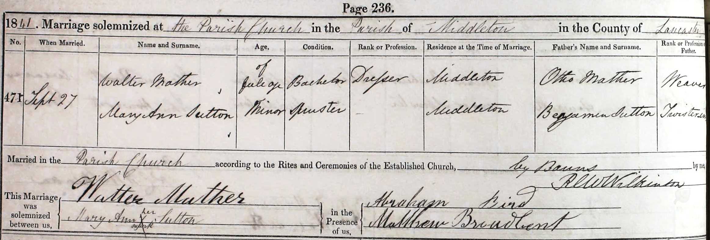 Taken on September 27th, 1841 and sourced from Certificate - Marriage.