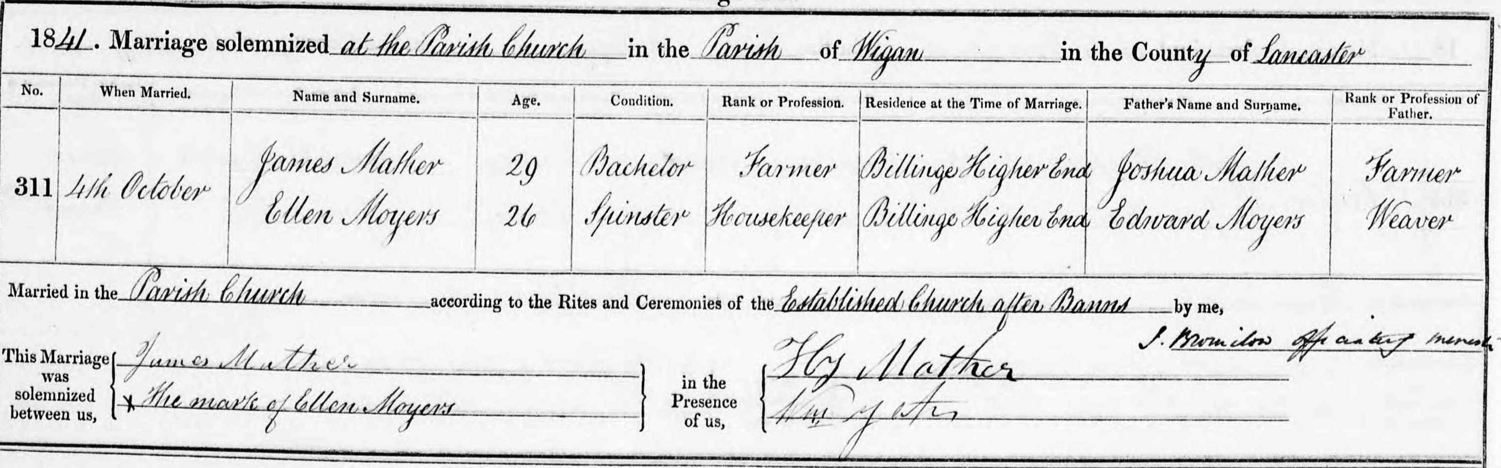 Taken on October 4th, 1841 and sourced from Certificate - Marriage.