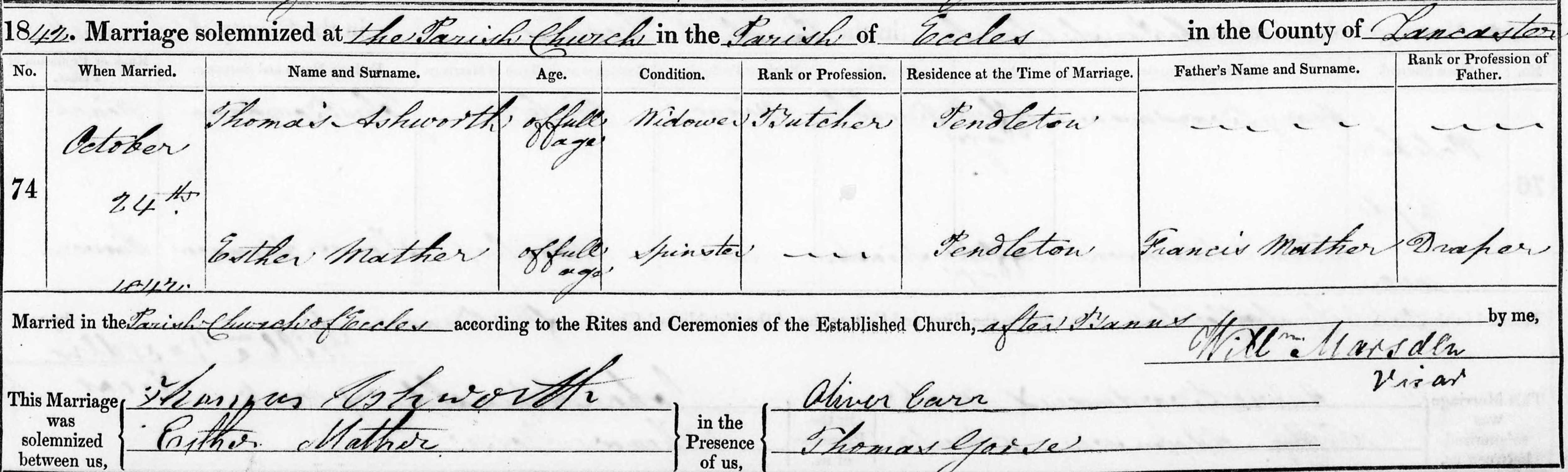 Taken on October 24th, 1842 and sourced from Certificate - Marriage.