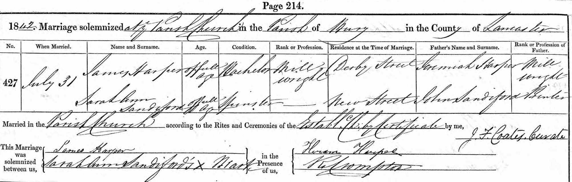 Taken on July 31st, 1842 and sourced from Certificate - Marriage.