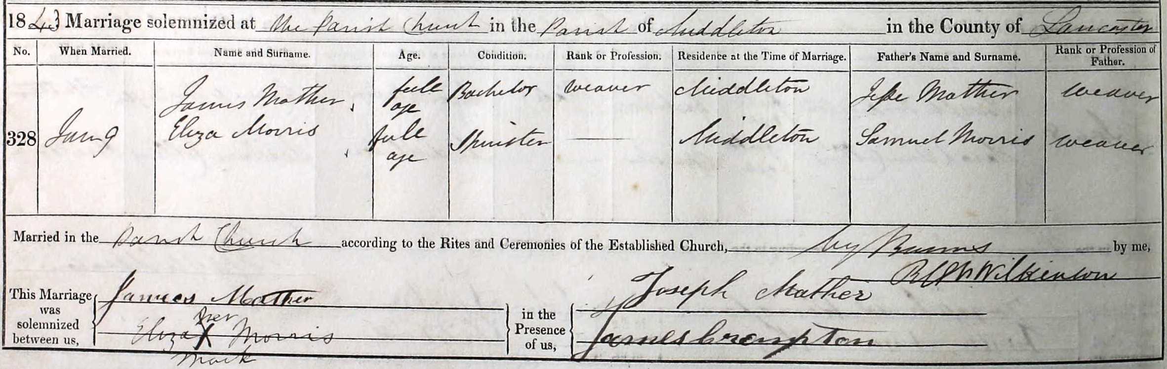 Taken on January 9th, 1843 and sourced from Certificate - Marriage.