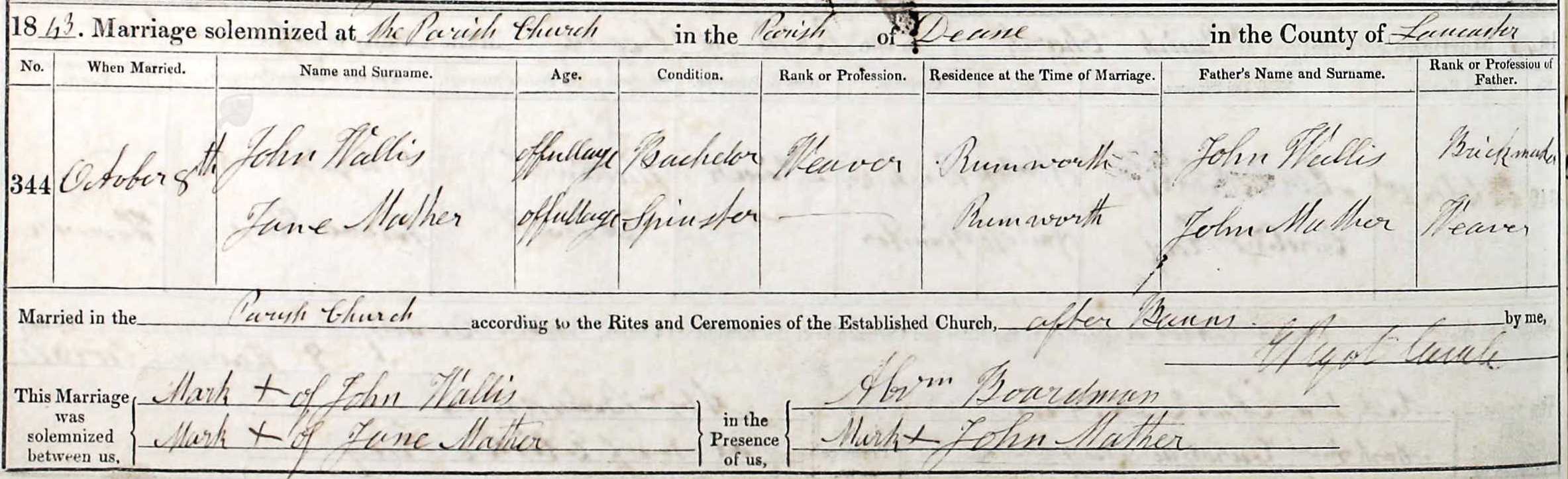 Taken on October 8th, 1843 and sourced from Certificate - Marriage.