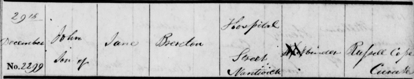 Taken on December 29th, 1843 in Nantwich and sourced from Certificate - Baptism.