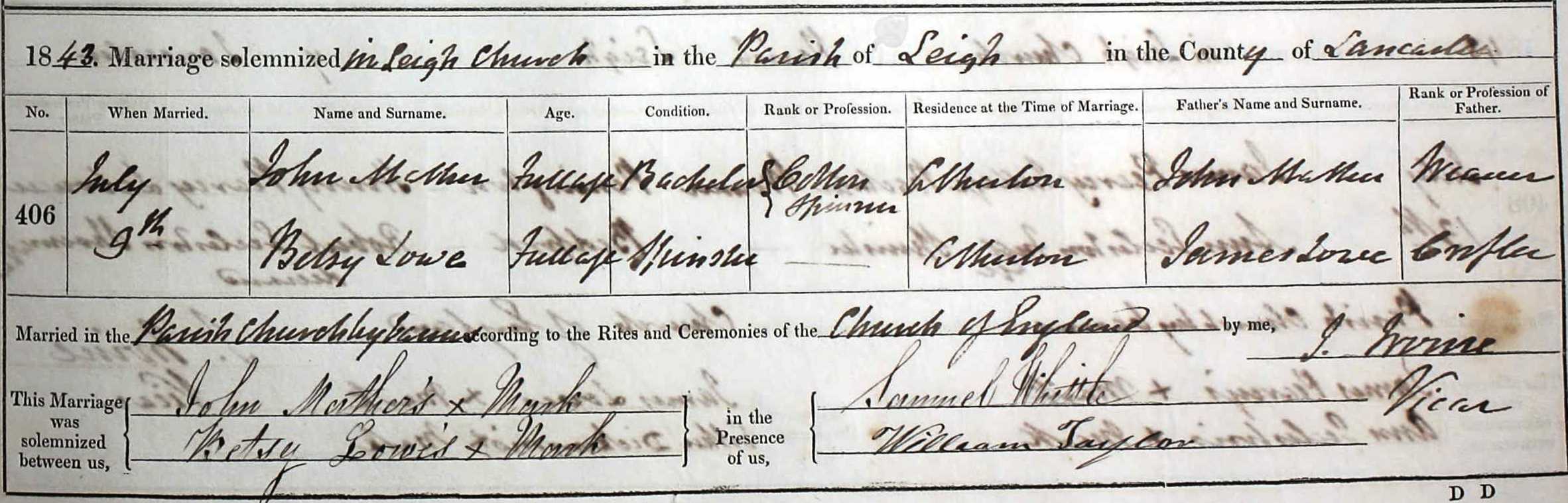 Taken on July 9th, 1843 and sourced from Certificate - Marriage.