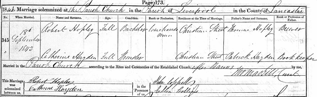 Taken on September 18th, 1843 at St. Peter (Liverpool) and sourced from Certificate - Marriage.