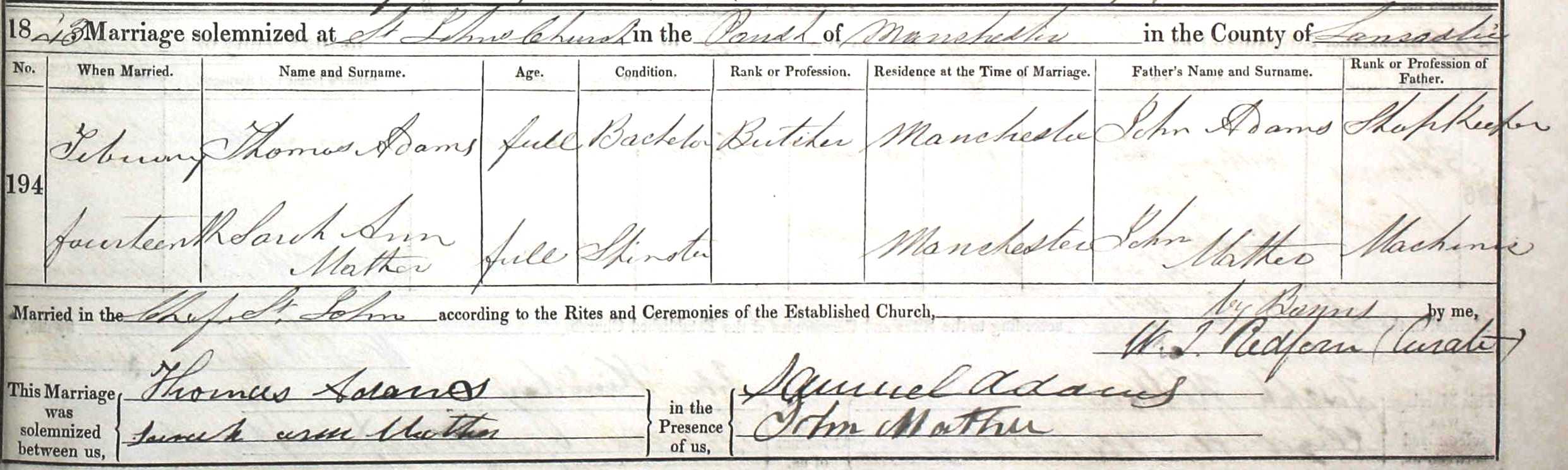 Taken on February 14th, 1843 and sourced from Certificate - Marriage.