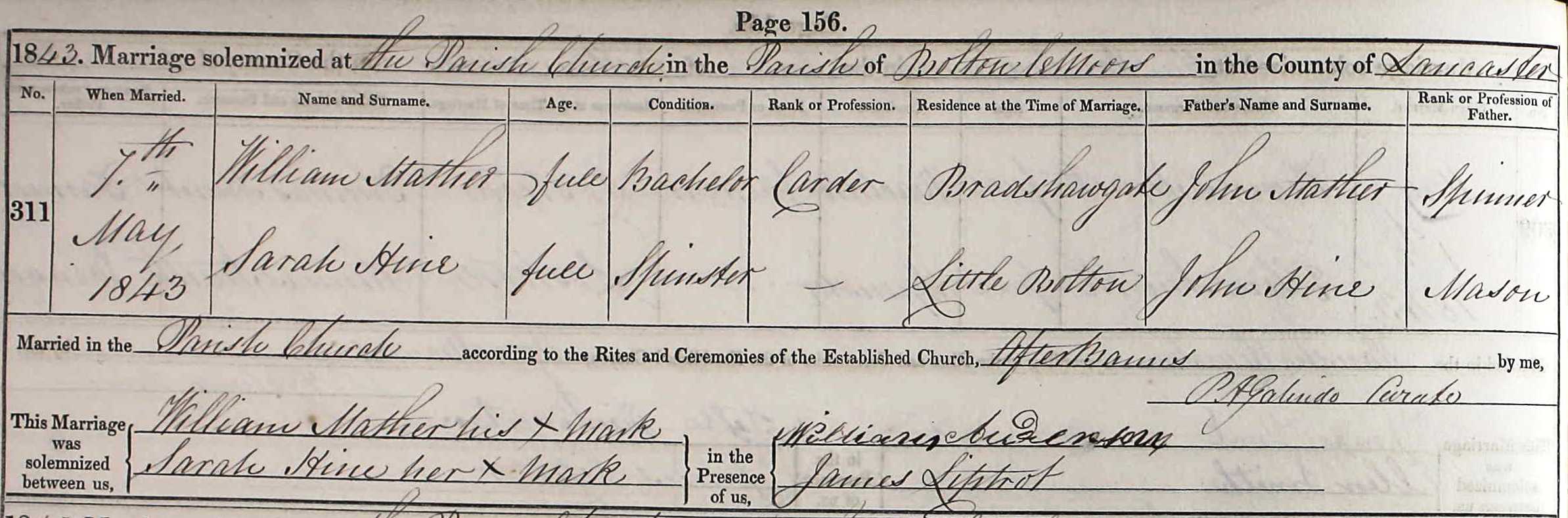 Taken on May 7th, 1843 and sourced from Certificate - Marriage.