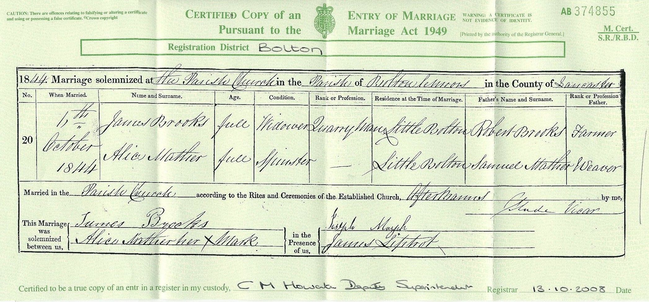 Taken on October 6th, 1844 and sourced from Certificate - Marriage.