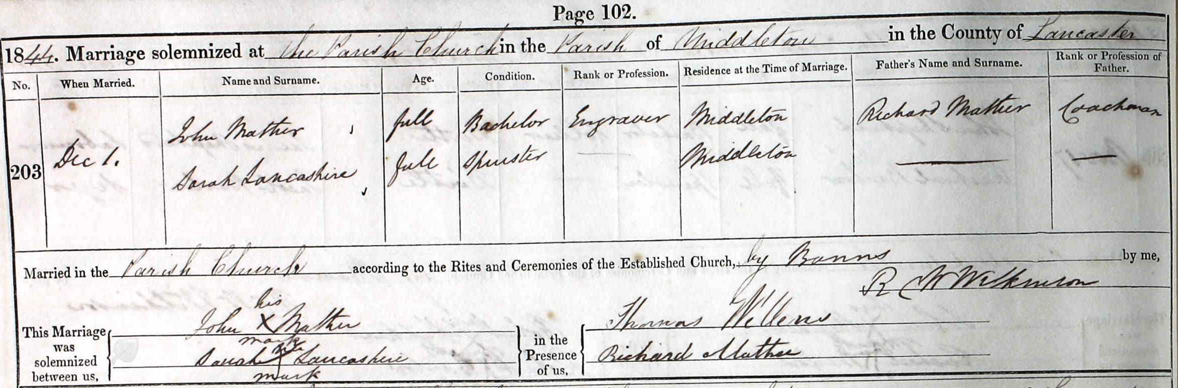 Taken on December 1st, 1844 and sourced from Certificate - Marriage.