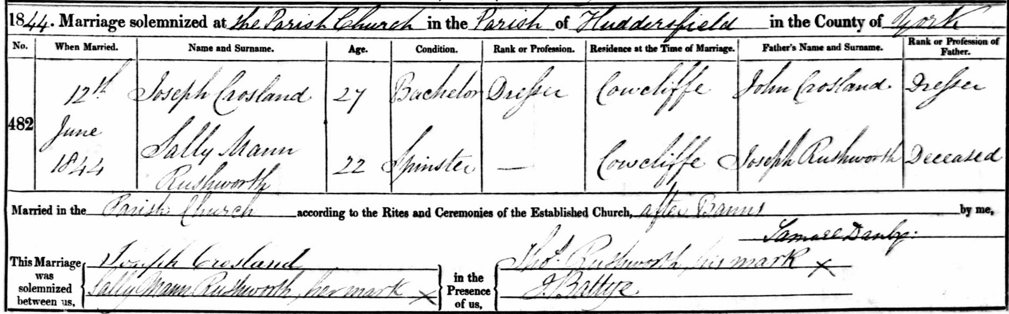 Taken on June 12th, 1844 and sourced from Certificate - Marriage.