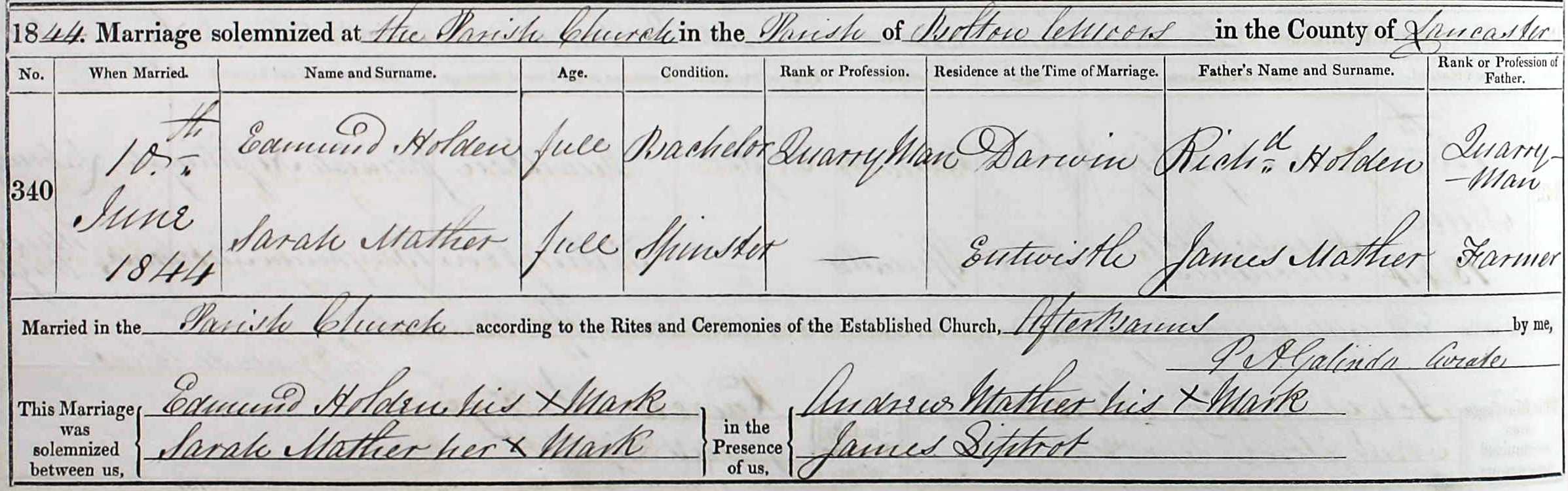 Taken on June 10th, 1844 and sourced from Certificate - Marriage.