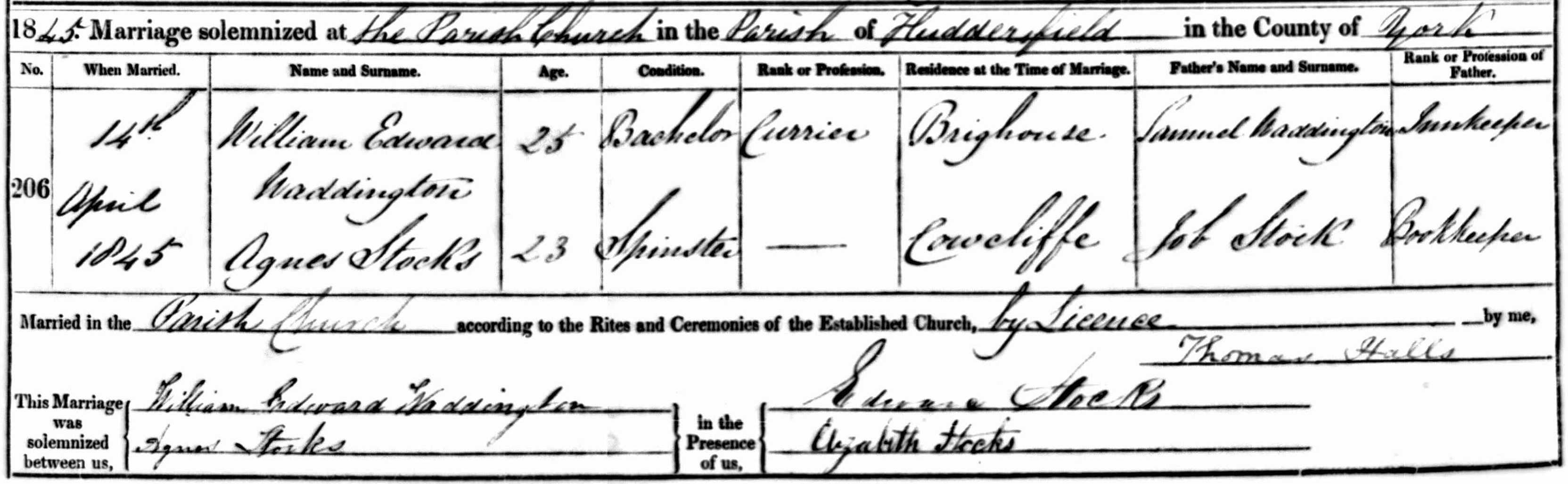 Taken on April 14th, 1845 and sourced from Certificate - Marriage.