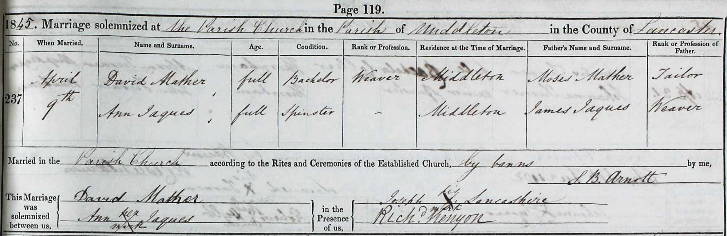 Taken on April 9th, 1845 and sourced from Certificate - Marriage.