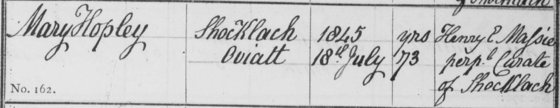 Taken on July 18th, 1843 in Shocklach and sourced from Burial Records - Shocklach.