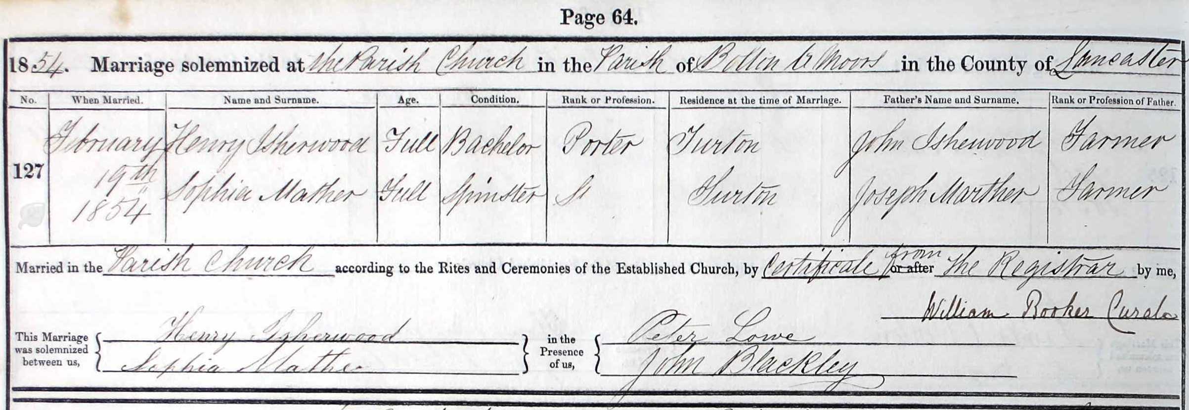 Taken on February 19th, 1854 and sourced from Certificate - Marriage.