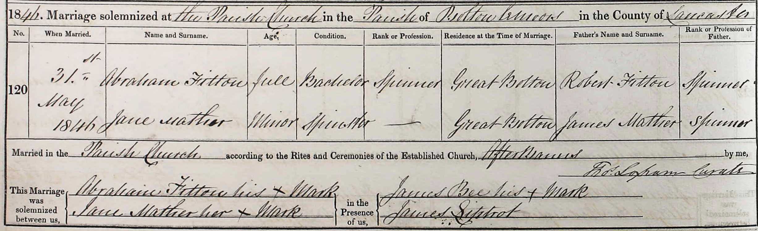 Taken on May 31st, 1846 and sourced from Certificate - Marriage.