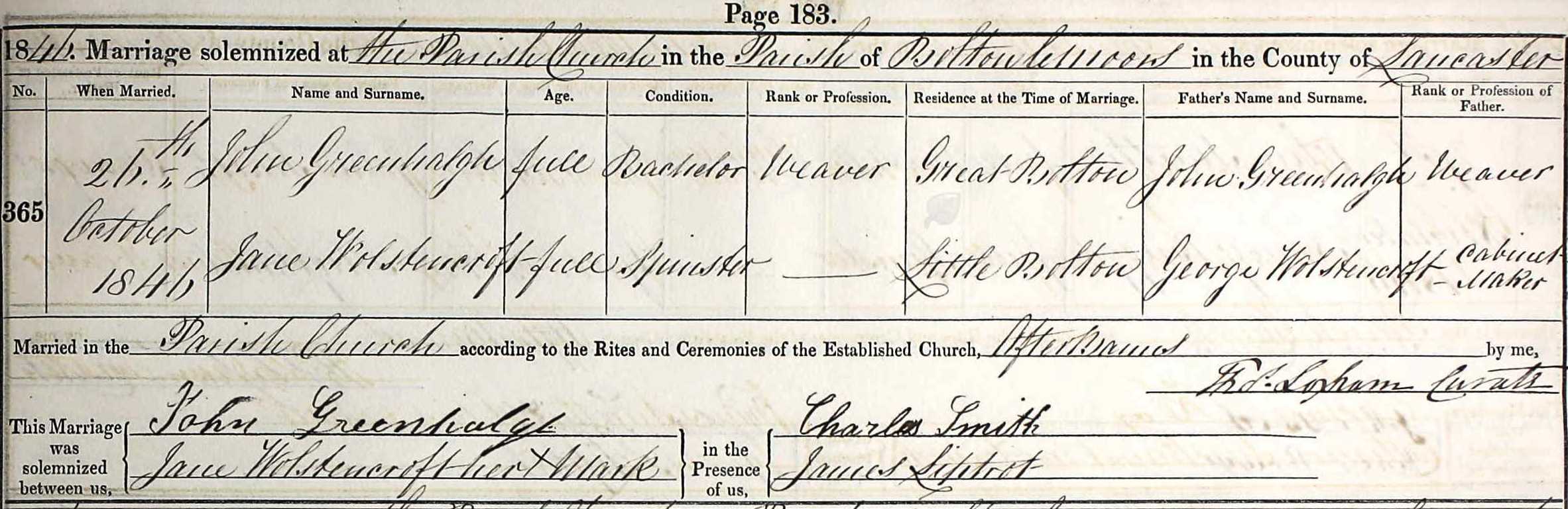 Taken on October 26th, 1846 and sourced from Certificate - Marriage.