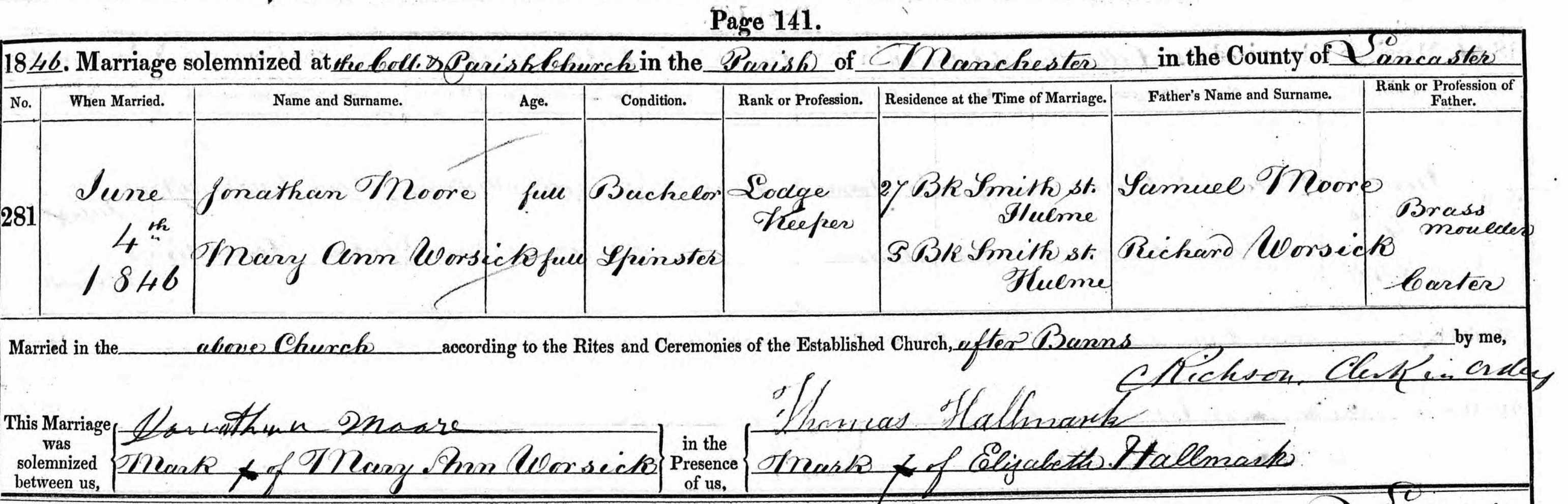 Taken on June 4th, 1846 and sourced from Certificate - Marriage.