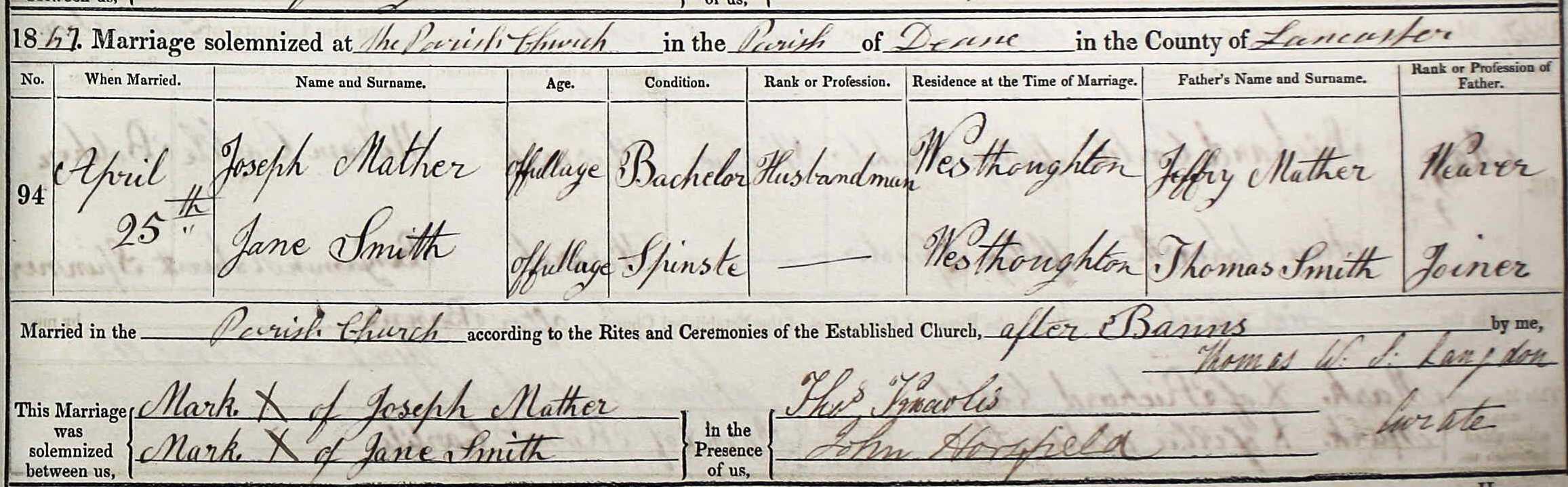 Taken on April 25th, 1847 and sourced from Certificate - Marriage.