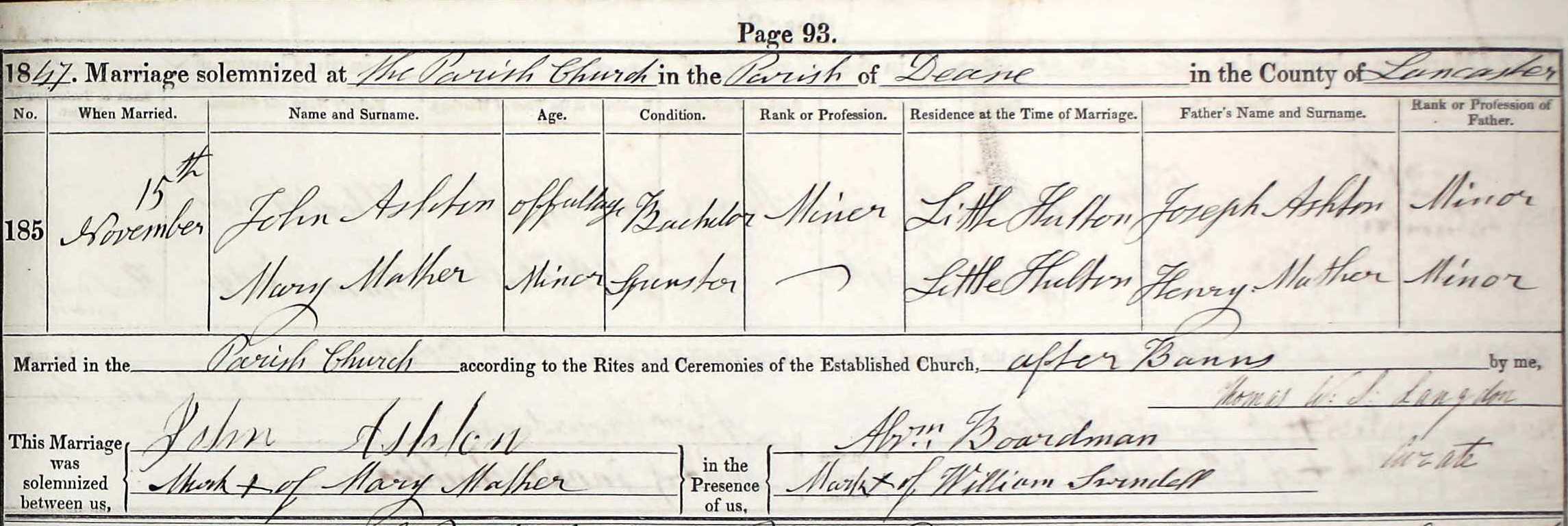 Taken on November 15th, 1847 and sourced from Certificate - Marriage.