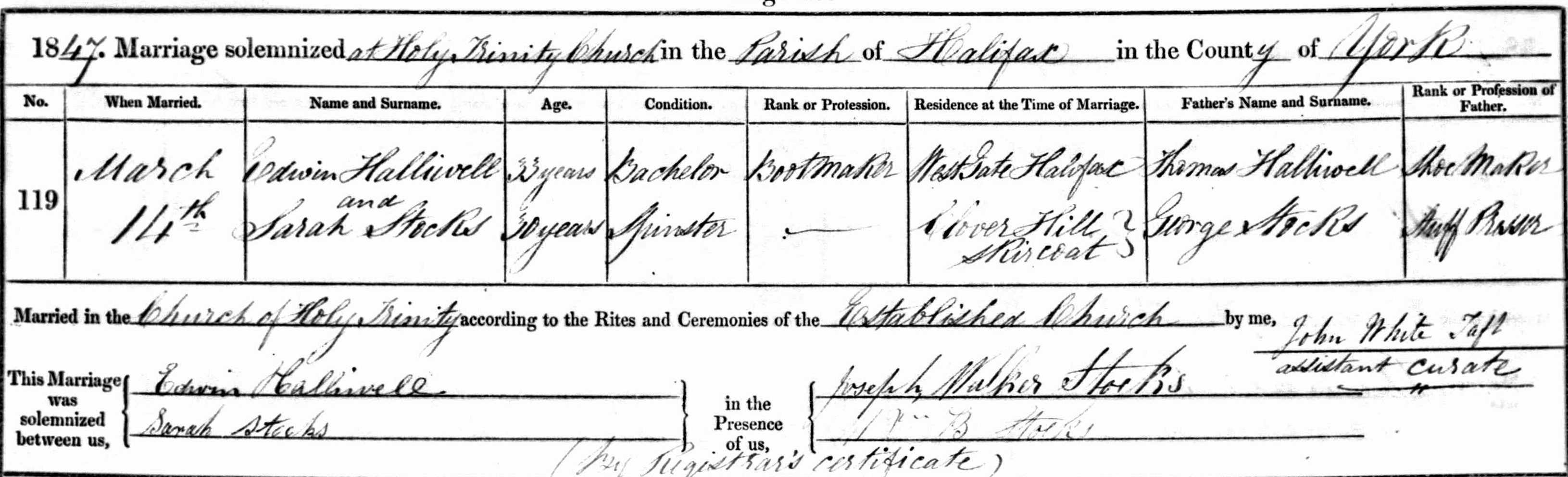 Taken on March 14th, 1847 and sourced from Certificate - Marriage.