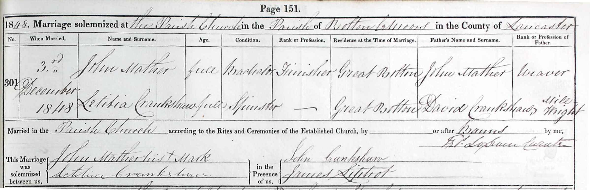 Taken in 1848 and sourced from Certificate - Marriage.