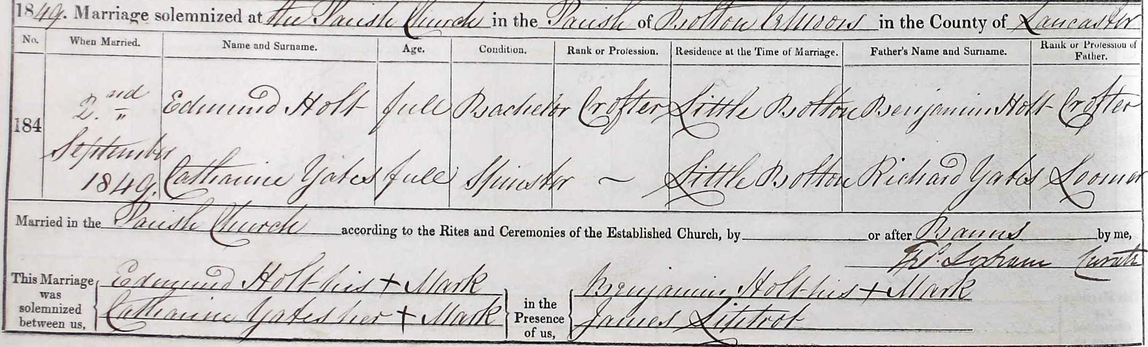 Taken on September 2nd, 1849 and sourced from Certificate - Marriage.