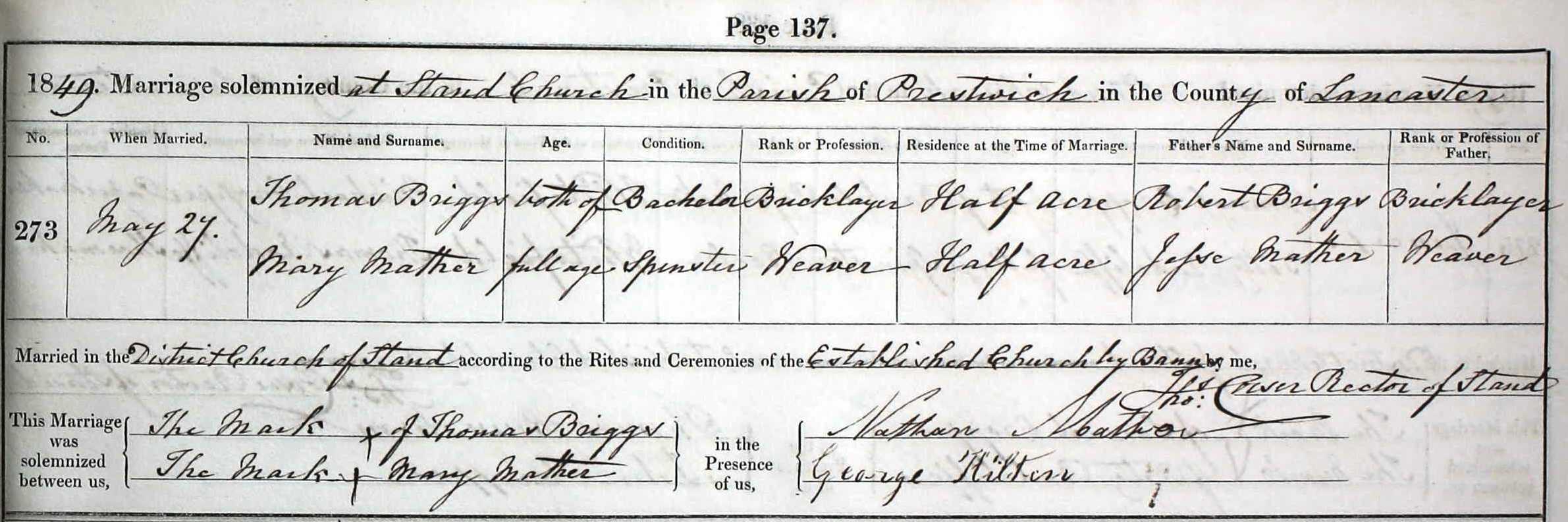 Taken on May 27th, 1849 and sourced from Certificate - Marriage.