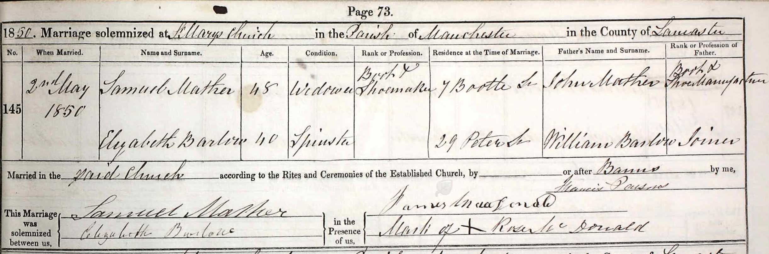 Taken on May 2nd, 1850 and sourced from Certificate - Marriage.