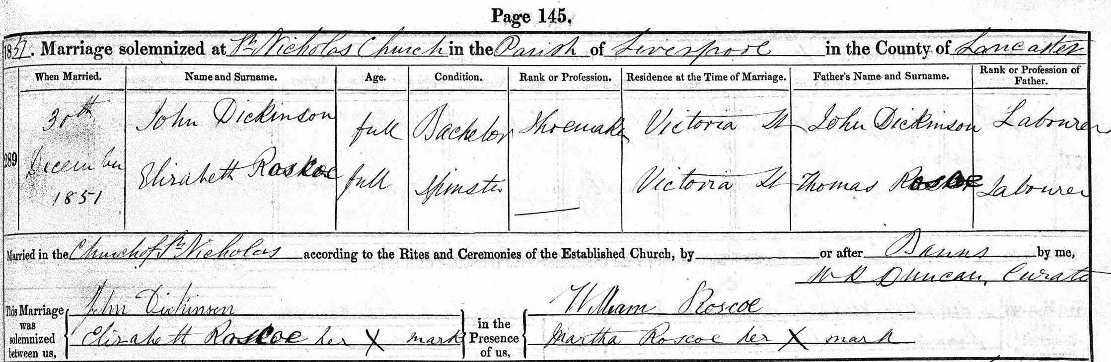 Taken on December 30th, 1851 and sourced from Certificate - Marriage.