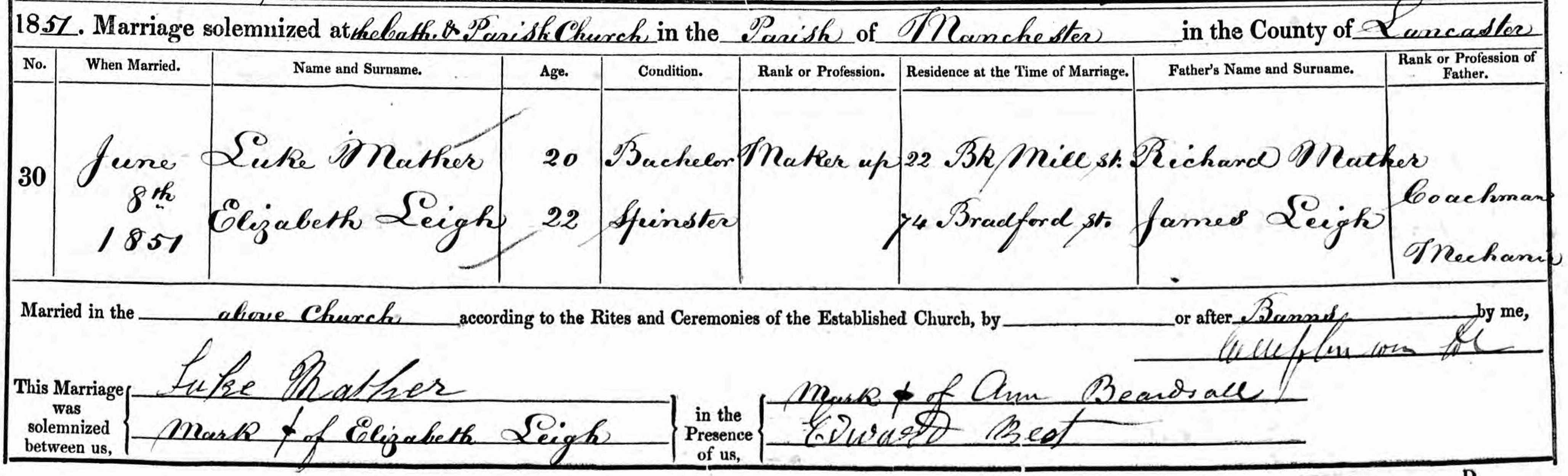 Taken on June 8th, 1851 and sourced from Certificate - Marriage.