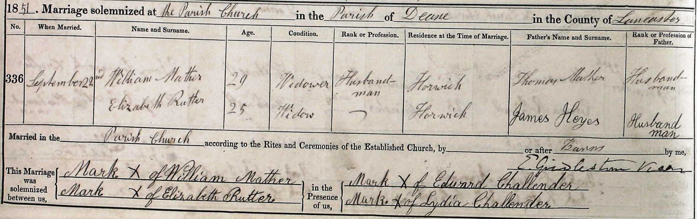 Taken on September 22nd, 1851 and sourced from Certificate - Marriage.