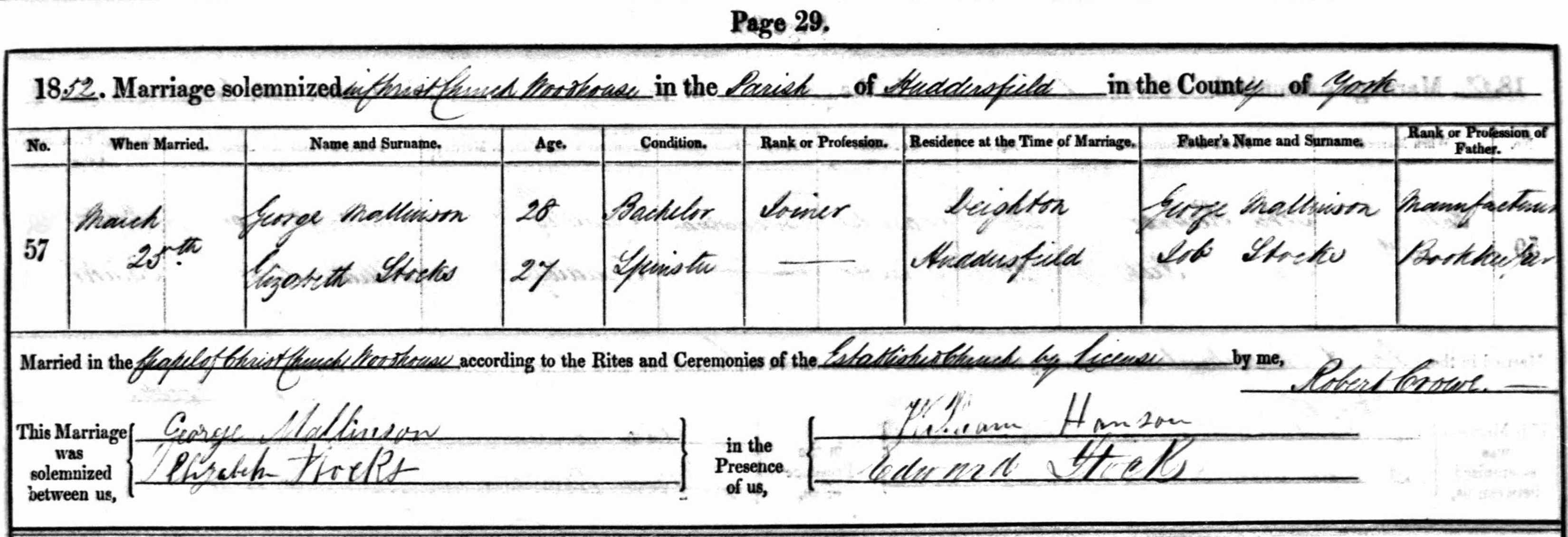 Taken on March 25th, 1852 and sourced from Certificate - Marriage.