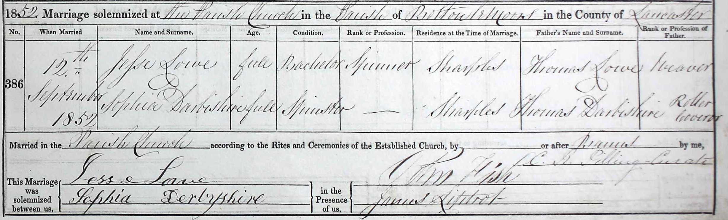 Taken on September 12th, 1852 and sourced from Certificate - Marriage.