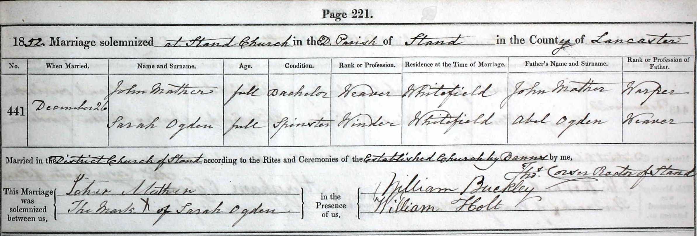 Taken on December 26th, 1852 and sourced from Certificate - Marriage.