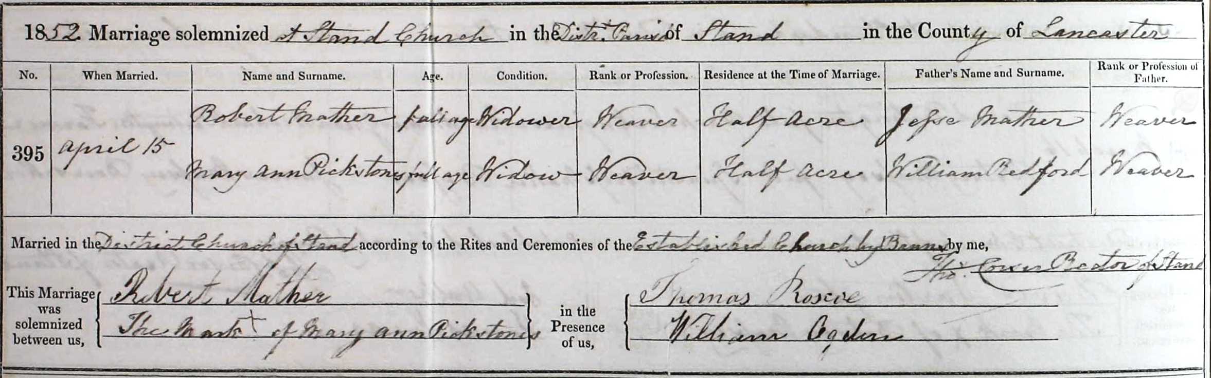 Taken on April 15th, 1852 and sourced from Certificate - Marriage.