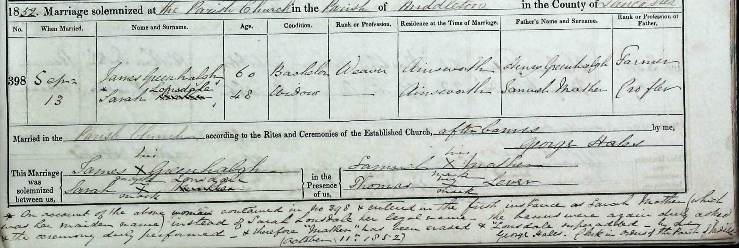 Taken on September 13th, 1852 and sourced from Certificate - Marriage.