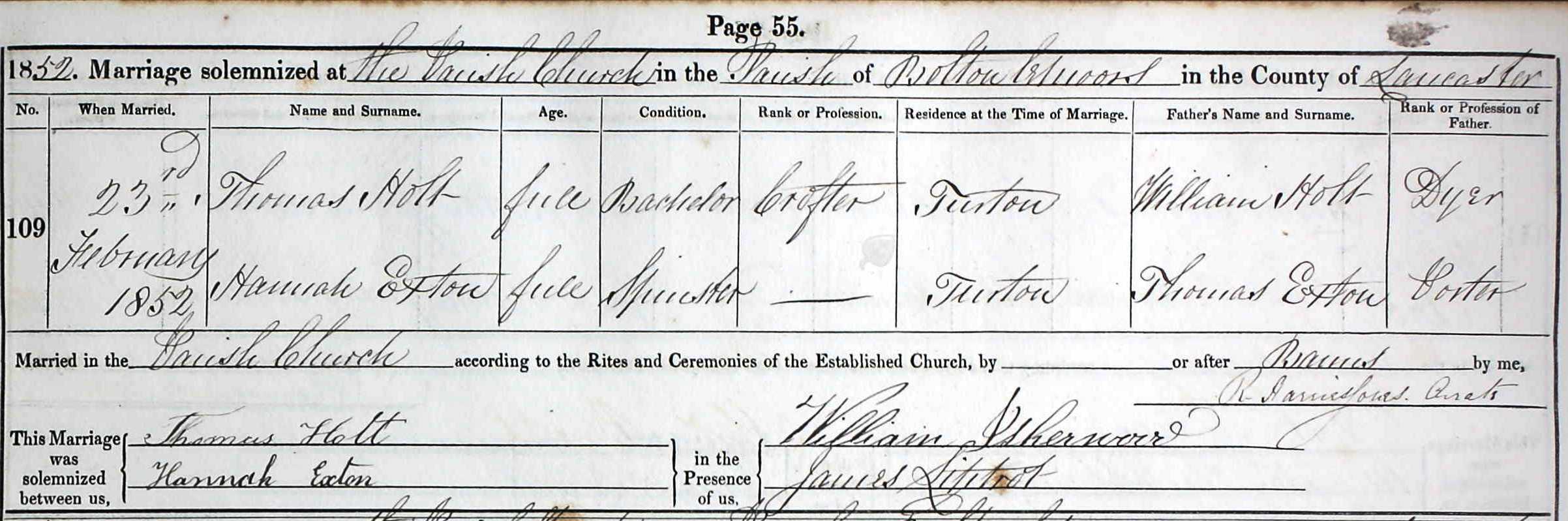 Taken on February 23rd, 1852 and sourced from Certificate - Marriage.