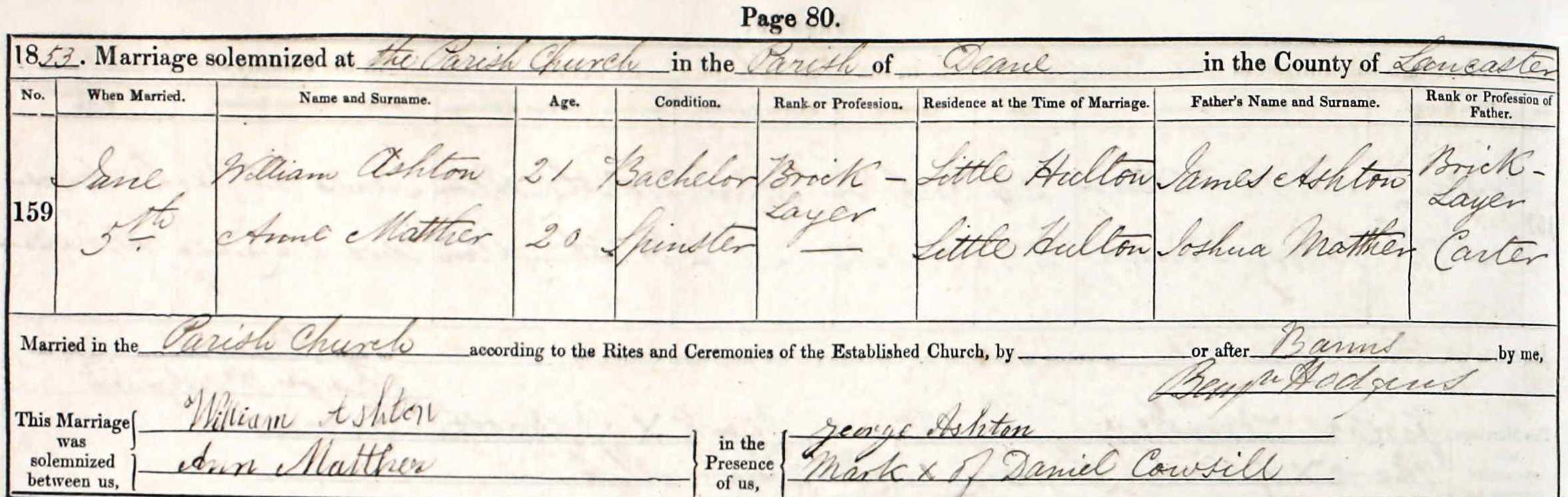 Taken on June 5th, 1853 and sourced from Certificate - Marriage.