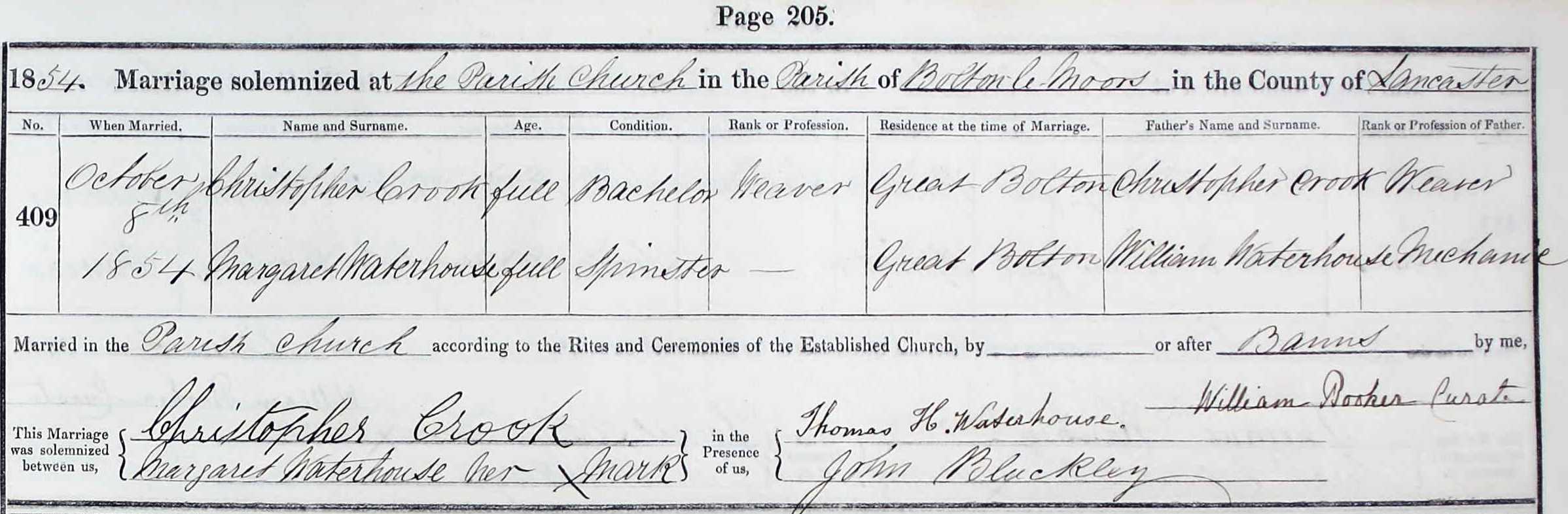 Taken on October 8th, 1854 and sourced from Certificate - Marriage.