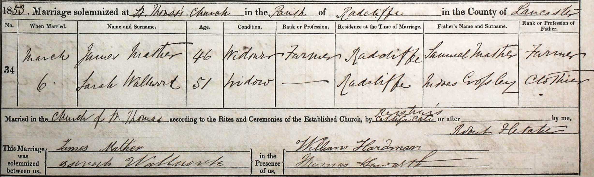 Taken on March 6th, 1853 and sourced from Certificate - Marriage.