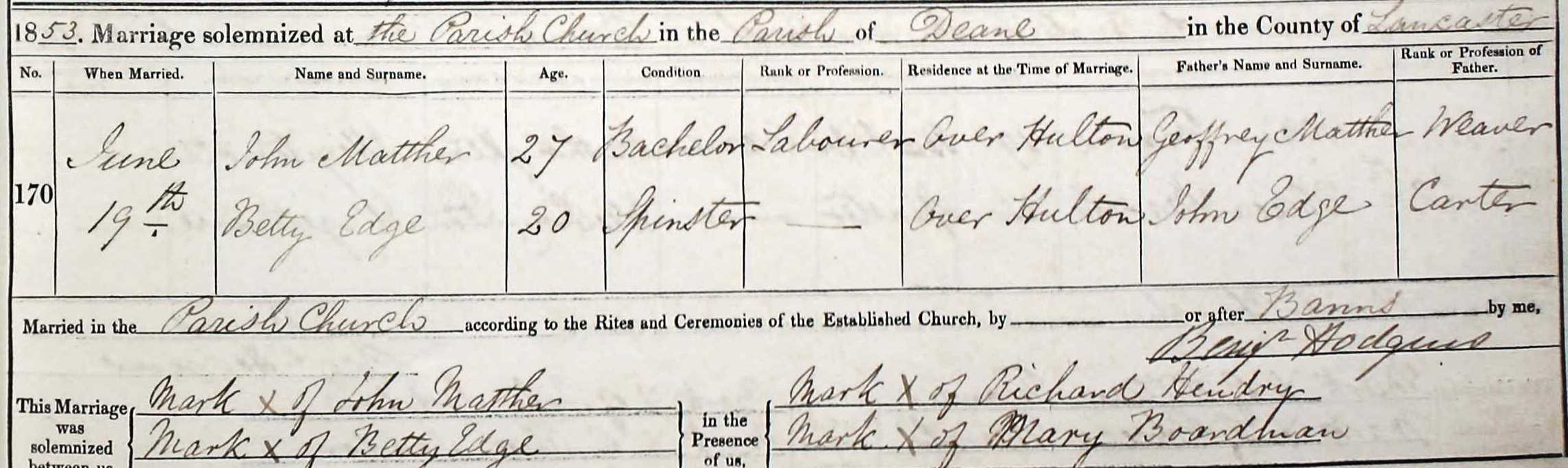 Taken on June 19th, 1853 and sourced from Certificate - Marriage.