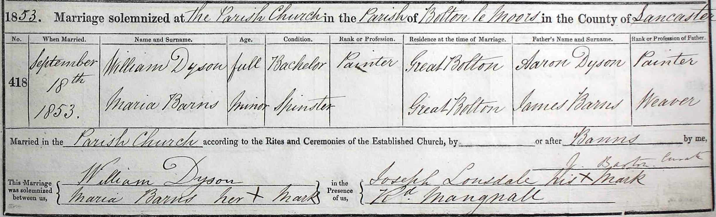 Taken on September 18th, 1853 and sourced from Certificate - Marriage.