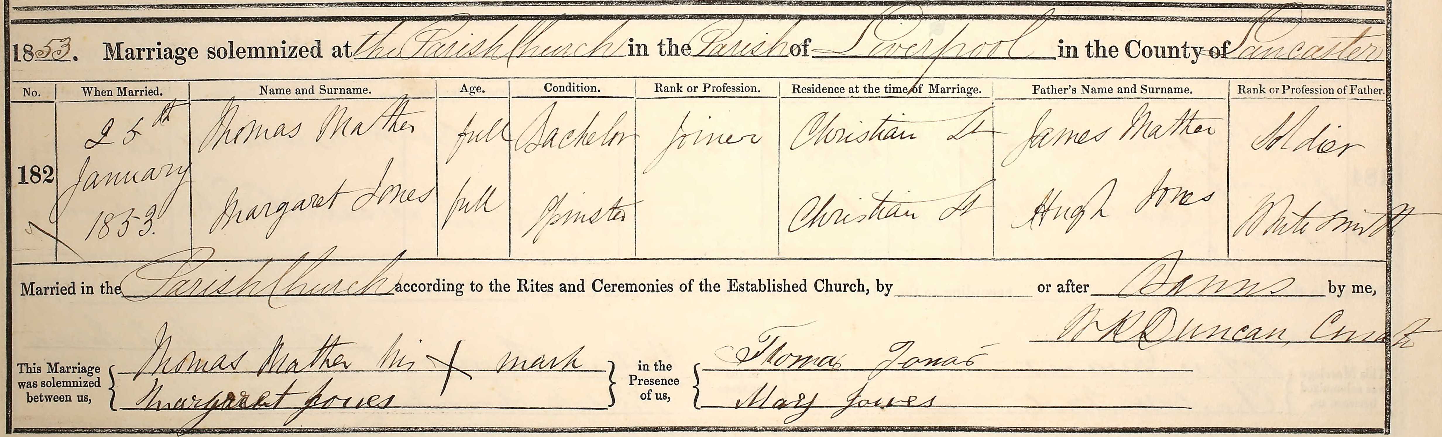 Taken on January 25th, 1853 and sourced from Certificate - Marriage.